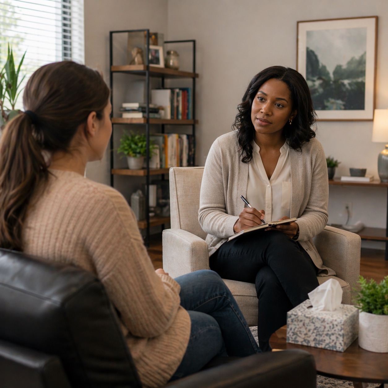 A caring therapist listening attentively to a client